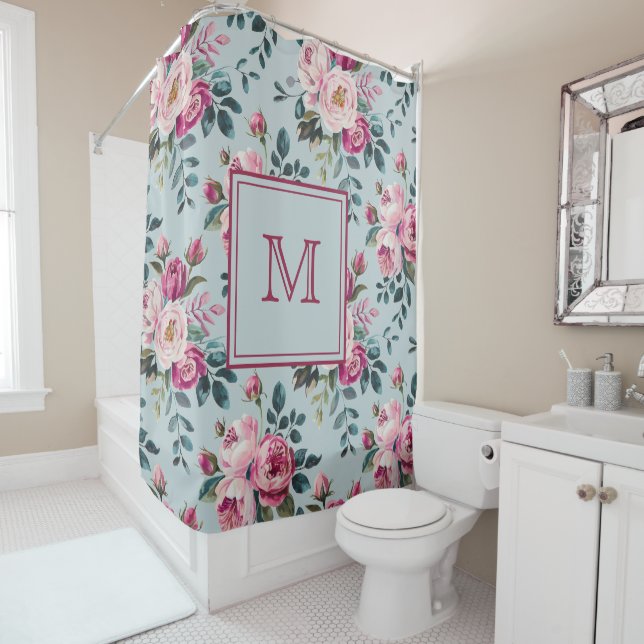 Rideaux De Douche Grandmillennial Fleur de Rose Poussiéreuse Monogra (En situation)