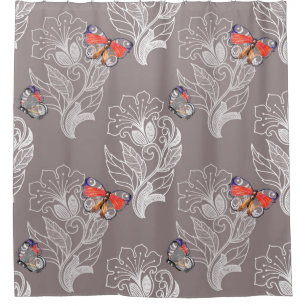 Rideaux De Douche Graphique à fleurs et papillon, aquarelle, motif 