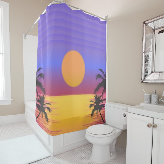 Rideaux De Douche Graphique de coucher de soleil tropical (En situation)