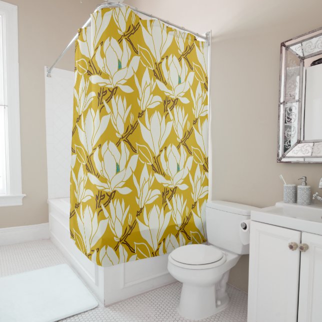Rideaux De Douche Graphisme magnolia à motif moutarde (En situation)