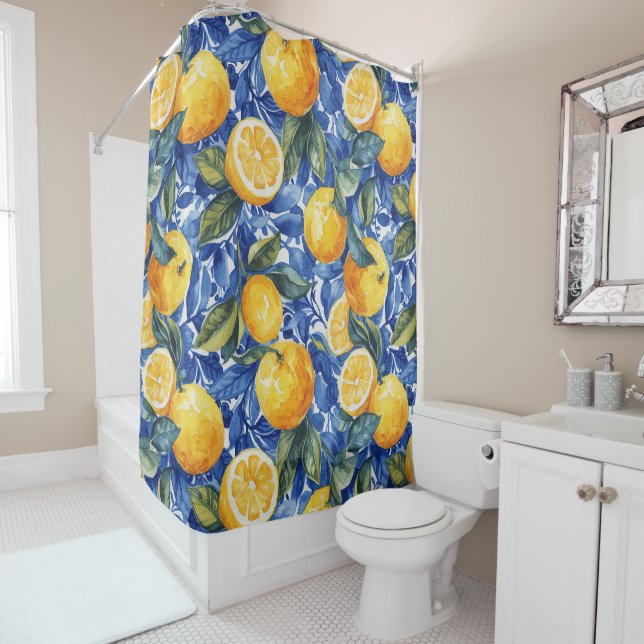 Rideaux De Douche Gras Bleu Italien Positano Lemon (En situation)