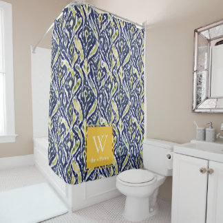 Rideaux De Douche Gras bleu jaune Abstrait Ikat Monogramme