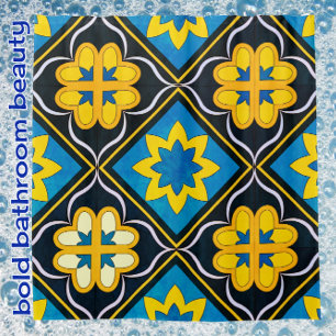 Rideaux De Douche Gras Floral Bleu Noir Jaune Carrelage Motif