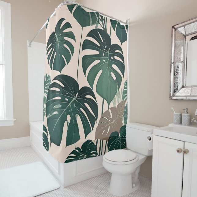 Rideaux De Douche Gras Green Monstera Feuilles Tropical Jungle (En situation)