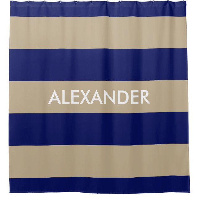 Rideaux De Douche Gras Monogramme Rayure Horizontale #3 Bleu Marine (Devant)