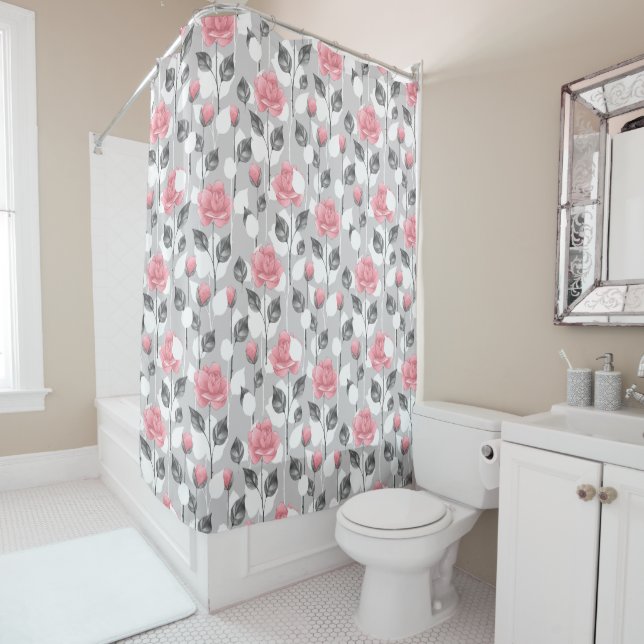 Rideaux De Douche Gray and pink. Floral (En situation)