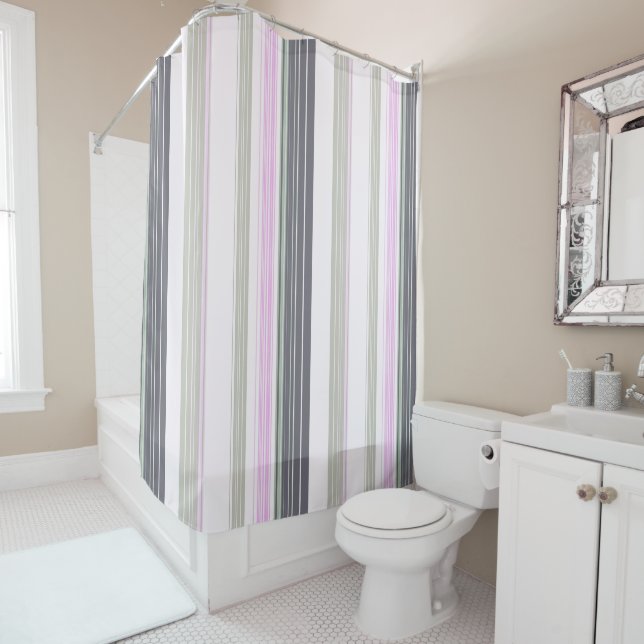 Rideaux De Douche Gray and pink vertical stripes. (En situation)