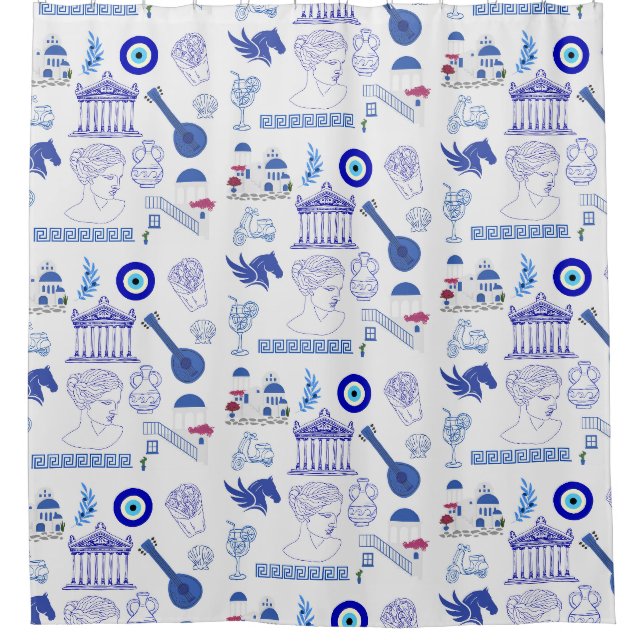 Rideaux De Douche Grèce Bleu et Blanc (Devant)