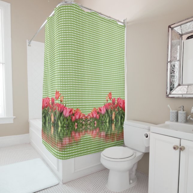 Rideaux De Douche Green Check with Tulips (En situation)