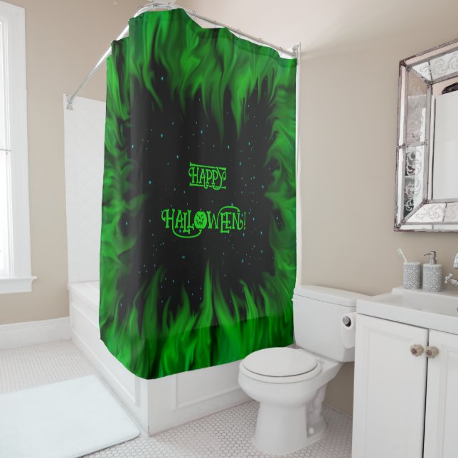 Rideaux De Douche Green Flames in the Starlight Sky (En situation)