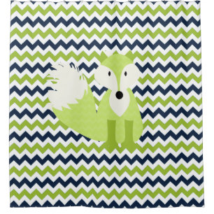Rideaux De Douche Green Fox sur Navy, Green, White Chevron Stripes
