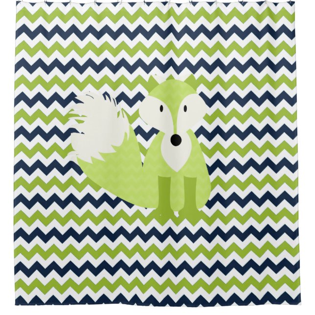 Rideaux De Douche Green Fox sur Navy, Green, White Chevron Stripes (Devant)