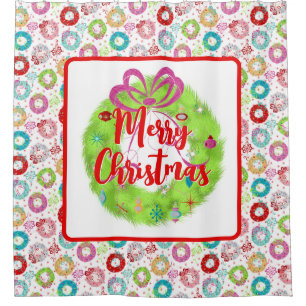 Rideaux De Douche Green Retro Christmas Wreath