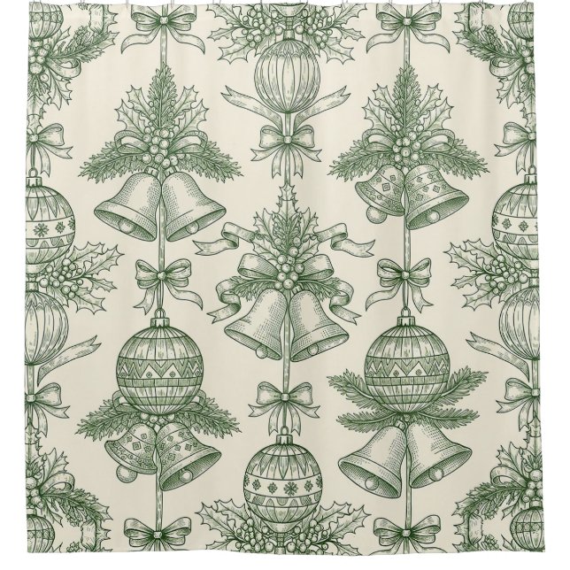 Rideaux De Douche Green Toile Christmas Bells & Ornaments Pattern (Devant)