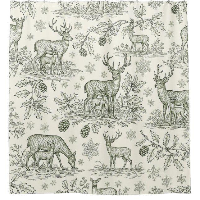 Rideaux De Douche Green Toile Woodland Deer Christmas Pattern (3) (Devant)