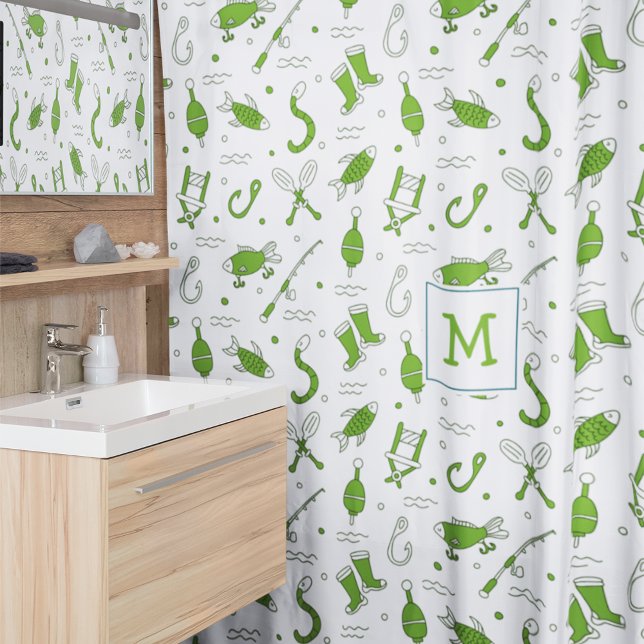 Rideaux De Douche Green White Pêche Motif sans mer Monogramme (Créateur téléchargé)
