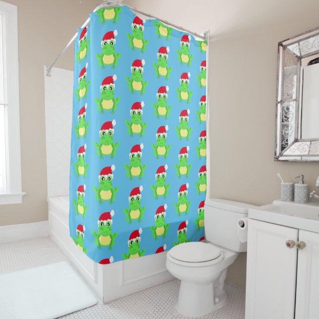 Rideaux De Douche Grenouille de Noël Santa Hat Motif Bleu (En situation)
