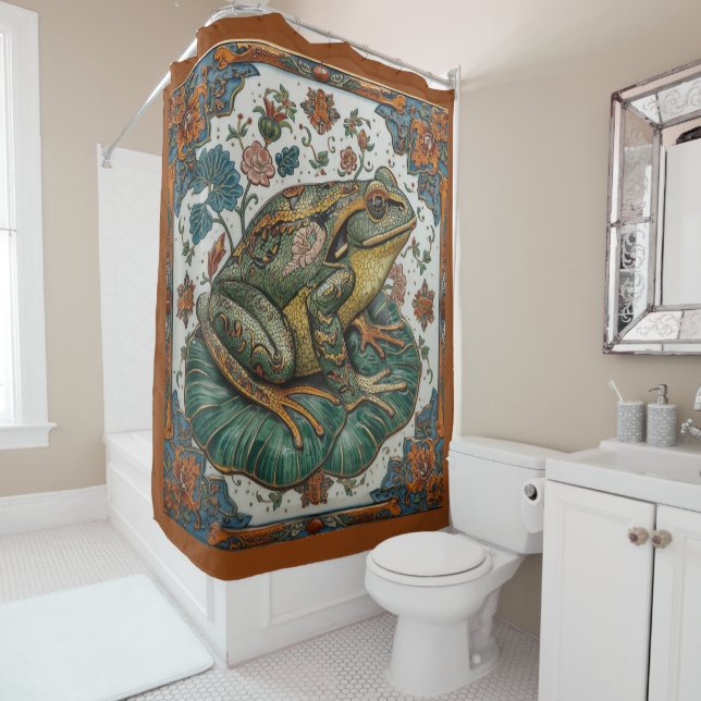 Rideaux De Douche Grenouille en cloisonné sur feuille de nénuphar  (En situation)
