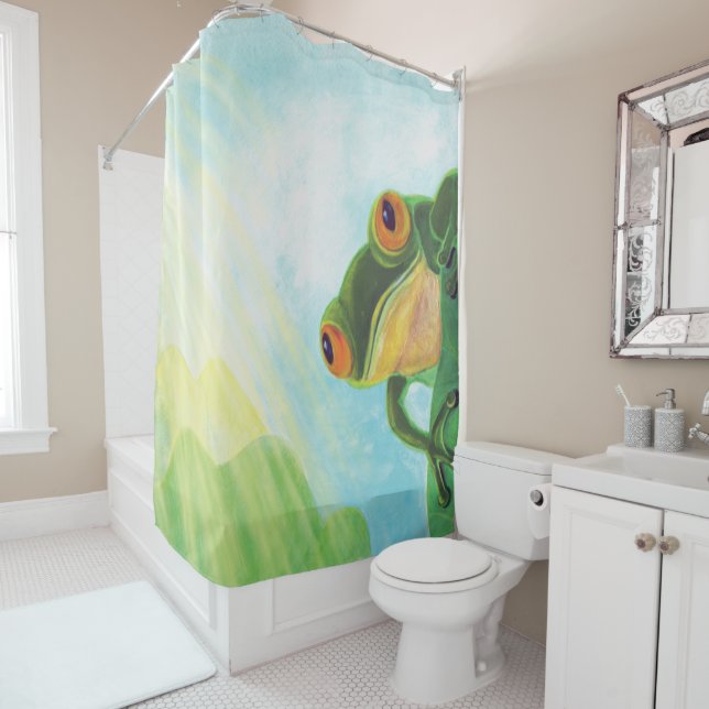 Rideaux De Douche Grenouille verte attrapant quelques rayons (En situation)