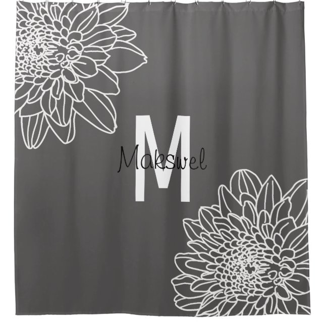 Rideaux De Douche Grey tendance avec Fleurs blanches avec nom (Devant)