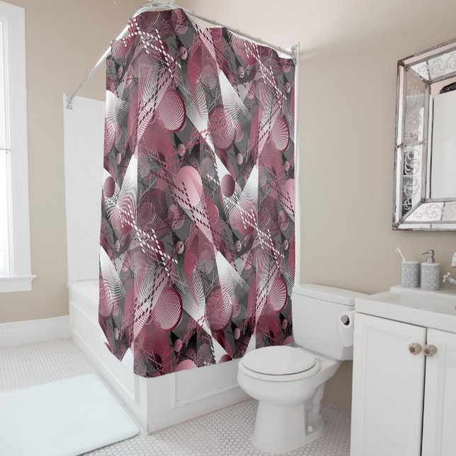 Rideaux De Douche Gris, Bourgogne, motif abstrait blanc. (En situation)