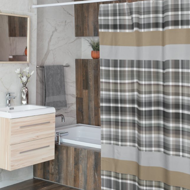 Rideaux De Douche Gris Brown Plaid Rustique Neutral Tan (Créateur téléchargé)