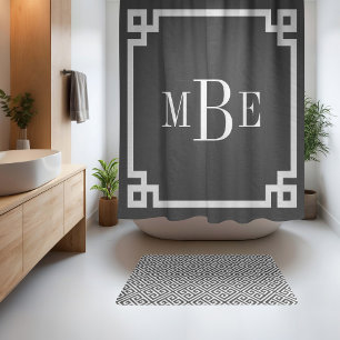 Rideaux De Douche Gris Charbon et Clé Grecque Blanche Monogrammé