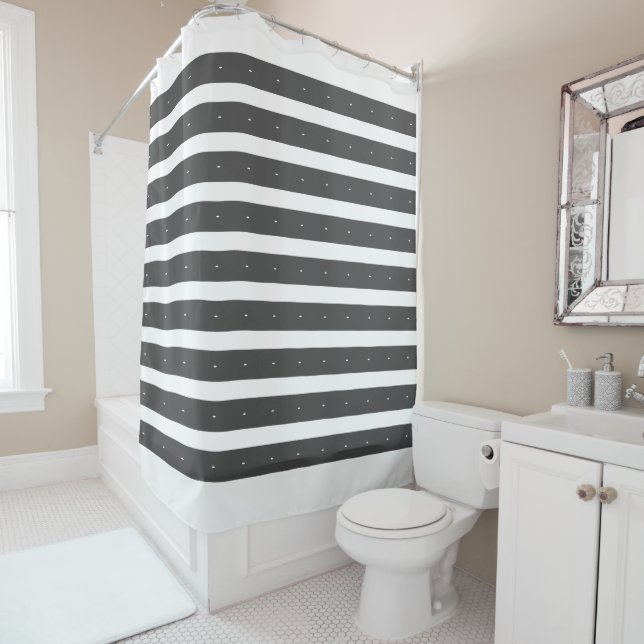 Rideaux De Douche Gris foncé et rayures blanches (En situation)
