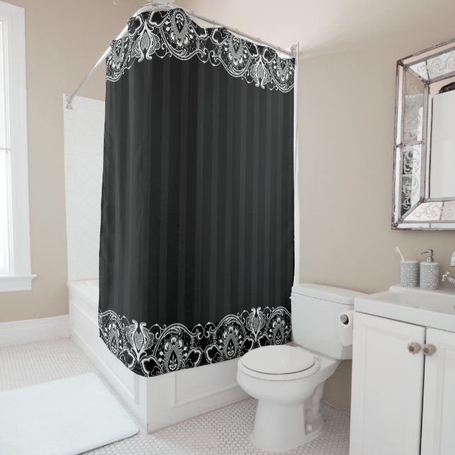 Rideaux De Douche Gris & Gris noir & blanc Vintage dentelle (En situation)