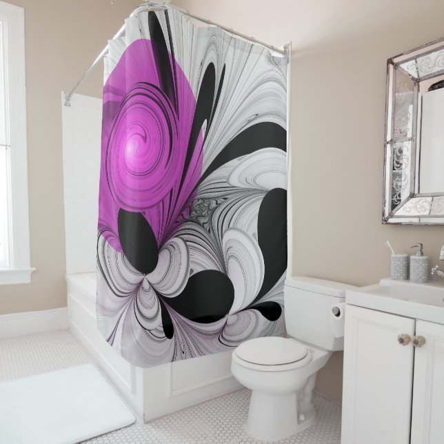 Rideaux De Douche Gris Noir Abstrait Avec Art Fractal Magenta (En situation)