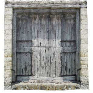 Rideaux De Douche Gris rustique Porte en pierre Patiné en bois