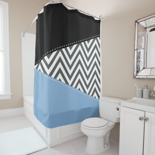 Rideaux De Douche Gris Zigzag, Gris Chevron, Motif Zigzag, Bleu (En situation)