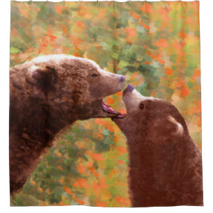 Rideaux De Douche Grizzly Bear Mom and Cub Painting - Wildlife Art