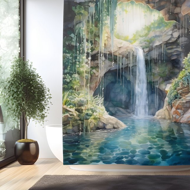 Rideaux De Douche Grotte de la cascade éthérée à l'aquarelle (Créateur téléchargé)