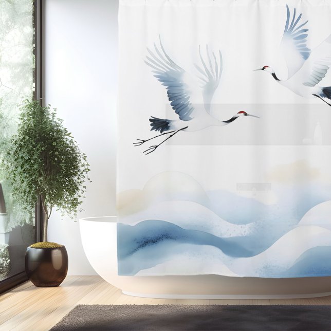 Rideaux De Douche Grue à l'aquarelle de style japonais (Créateur téléchargé)