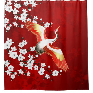 Rideaux De Douche Grue japonaise Cerisier blanc Rouge