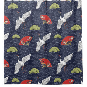 Rideaux De Douche Grues et ventilateurs japonais : Motif Vintage