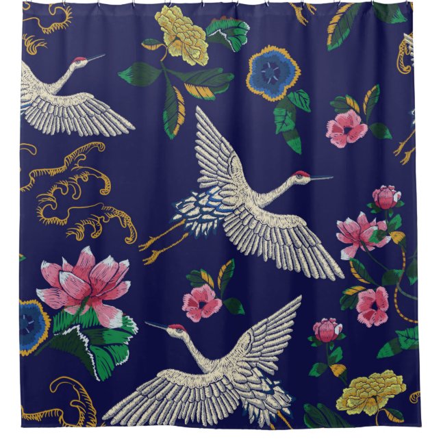 Rideaux De Douche Grues japonaises, vagues et fleurs. Broderie (Devant)