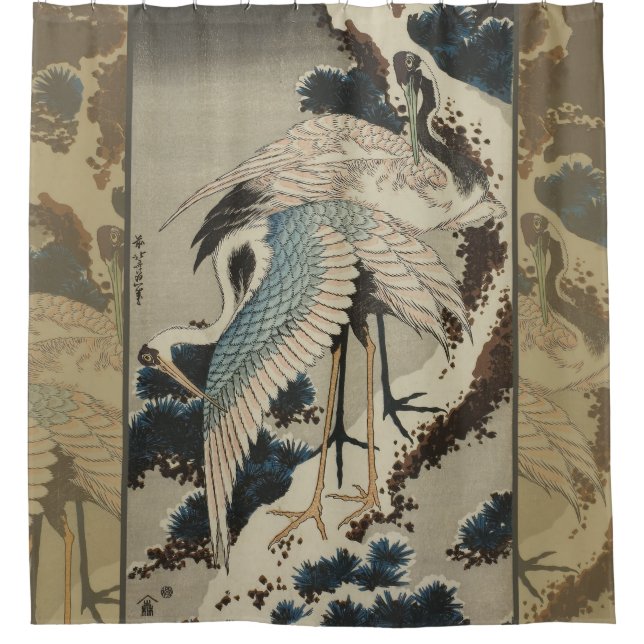 Rideaux De Douche Grues sur un pin couvert de neige Hokusai (Devant)