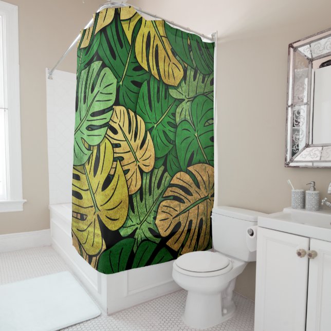 Rideaux De Douche Grunge Monstera Feuilles (En situation)