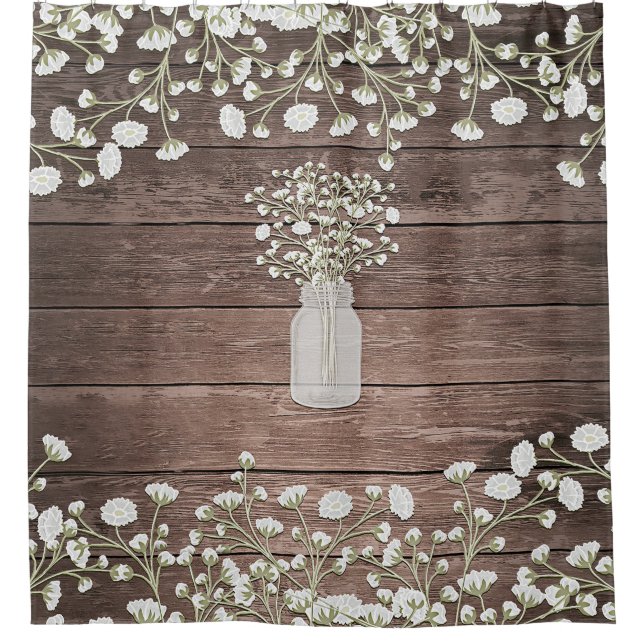 Rideaux De Douche Gypsophile dans un Pot Mason Bois Rustique (Devant)