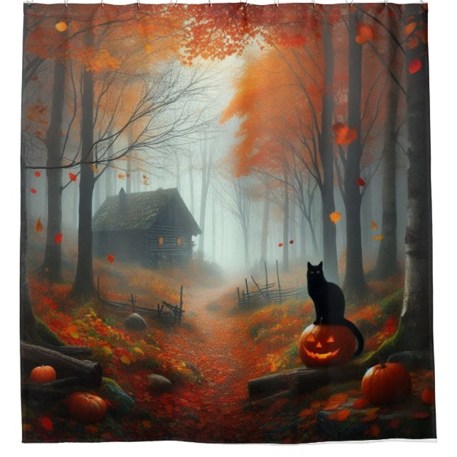 Rideaux De Douche Halloween/Automne/Automne/citrouille/chat (Devant)