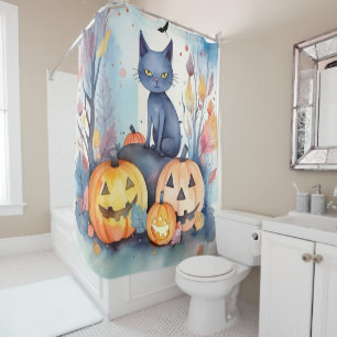 Rideaux De Douche Halloween Chat Bleu Oriental Avec Peur Citrouille