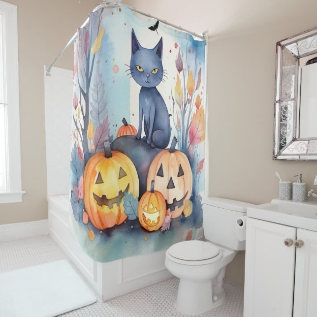 Rideaux De Douche Halloween Chat Bleu Oriental Avec Peur Citrouille (En situation)