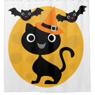 Rideaux De Douche Halloween Chat noir, Lune, chauves-souris