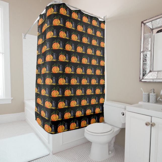 Rideaux De Douche Halloween Citrouille Chat Cute Motif Orange Automn (En situation)