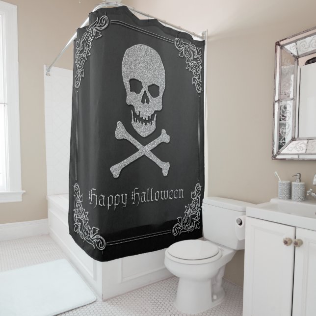 Rideaux De Douche Halloween crâne et os croisés (En situation)