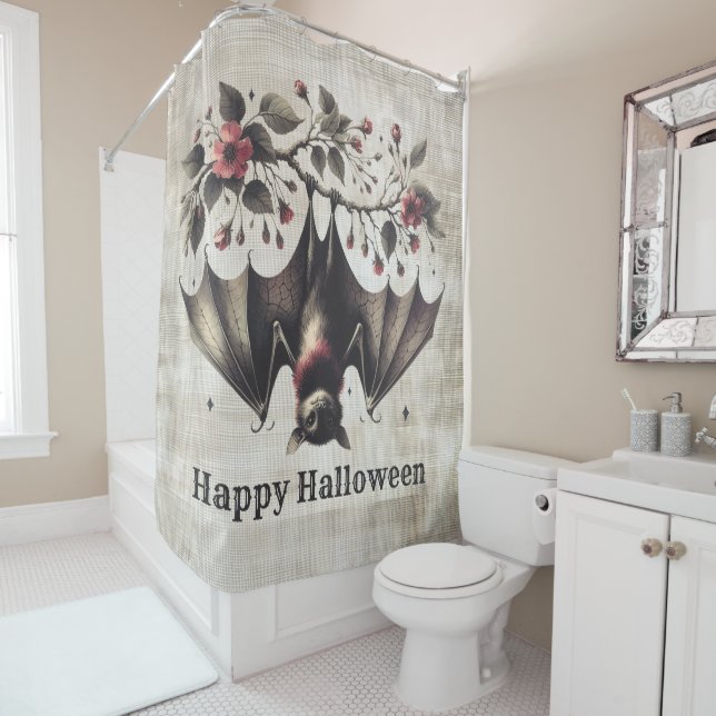 Rideaux De Douche Halloween Fleurs roses mal chauve Feuilles verts c (En situation)