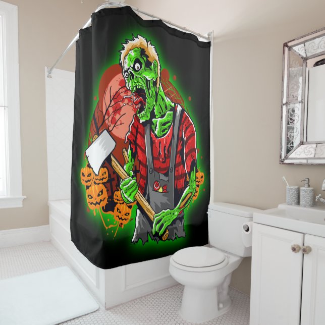 Rideaux De Douche Halloween Funny Green Zombie Ax sur (En situation)