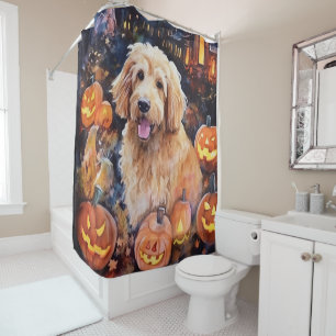 Rideaux De Douche Halloween Goldendoodle avec la peur Citrouille